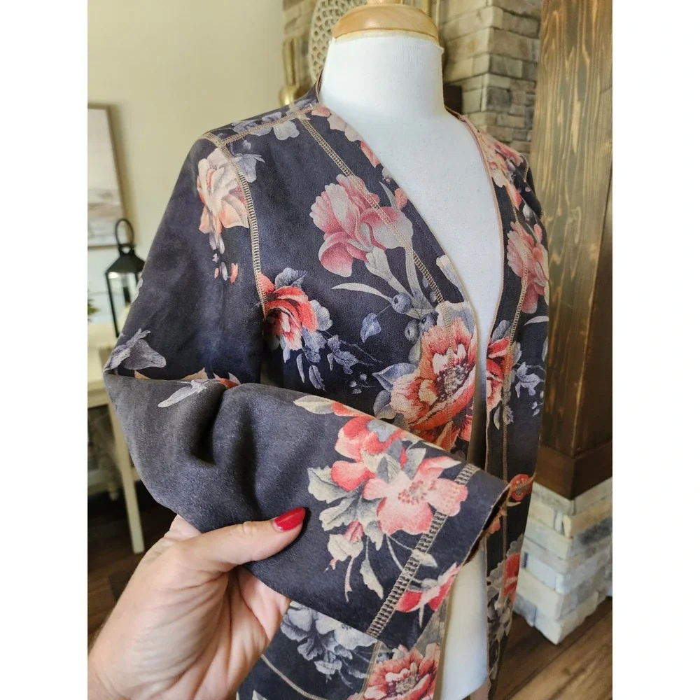 NWOT Anthropologie Solitaire Floral‎ Duster Open Front Cardigan Boho Vegan Suede